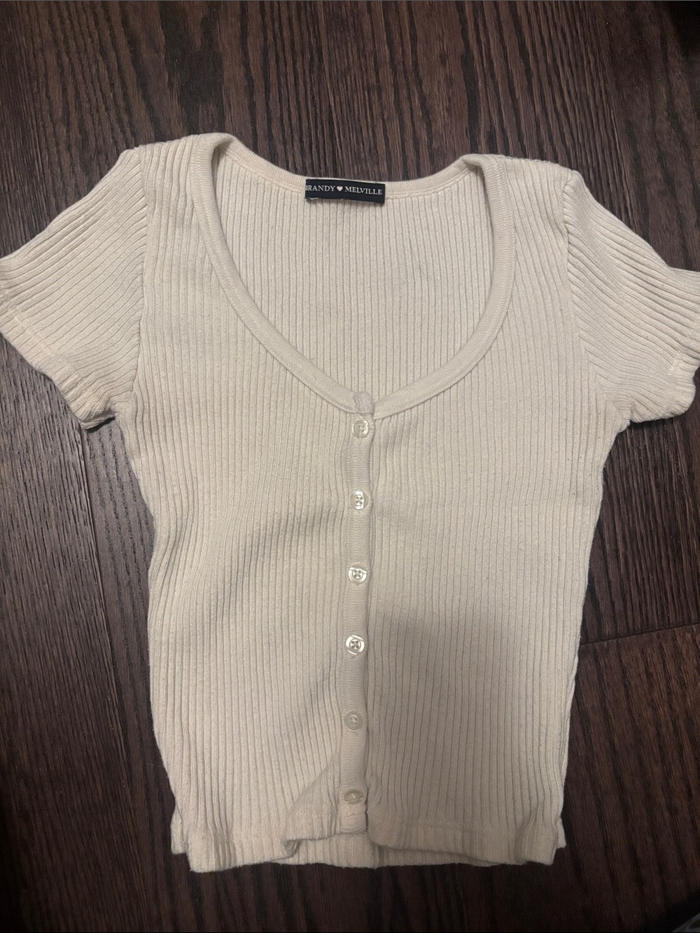 Brandy Melville Ivory Ribbed Button-Front Short Sleeve Top